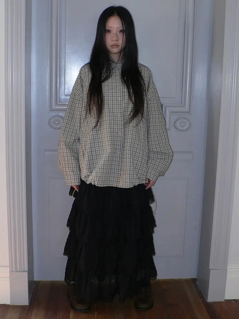 ang project Vintage Plaid Drawstring Waist Shirt Jacket Shirts