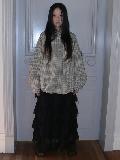 ang project Vintage Plaid Drawstring Waist Shirt Jacket Shirts