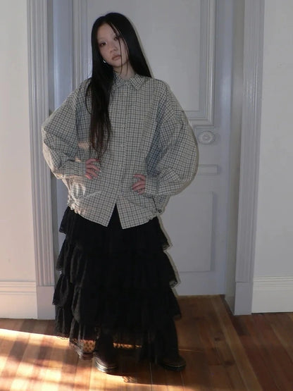 ang project Vintage Plaid Drawstring Waist Shirt Jacket Shirts