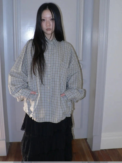 ang project Vintage Plaid Drawstring Waist Shirt Jacket Shirts