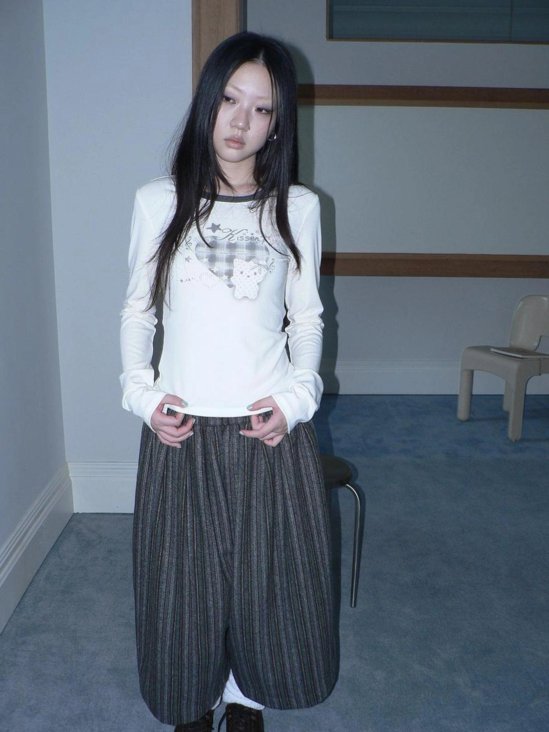 ang project Vintage Plaid Heart Print Long Sleeve Tee T-shirt