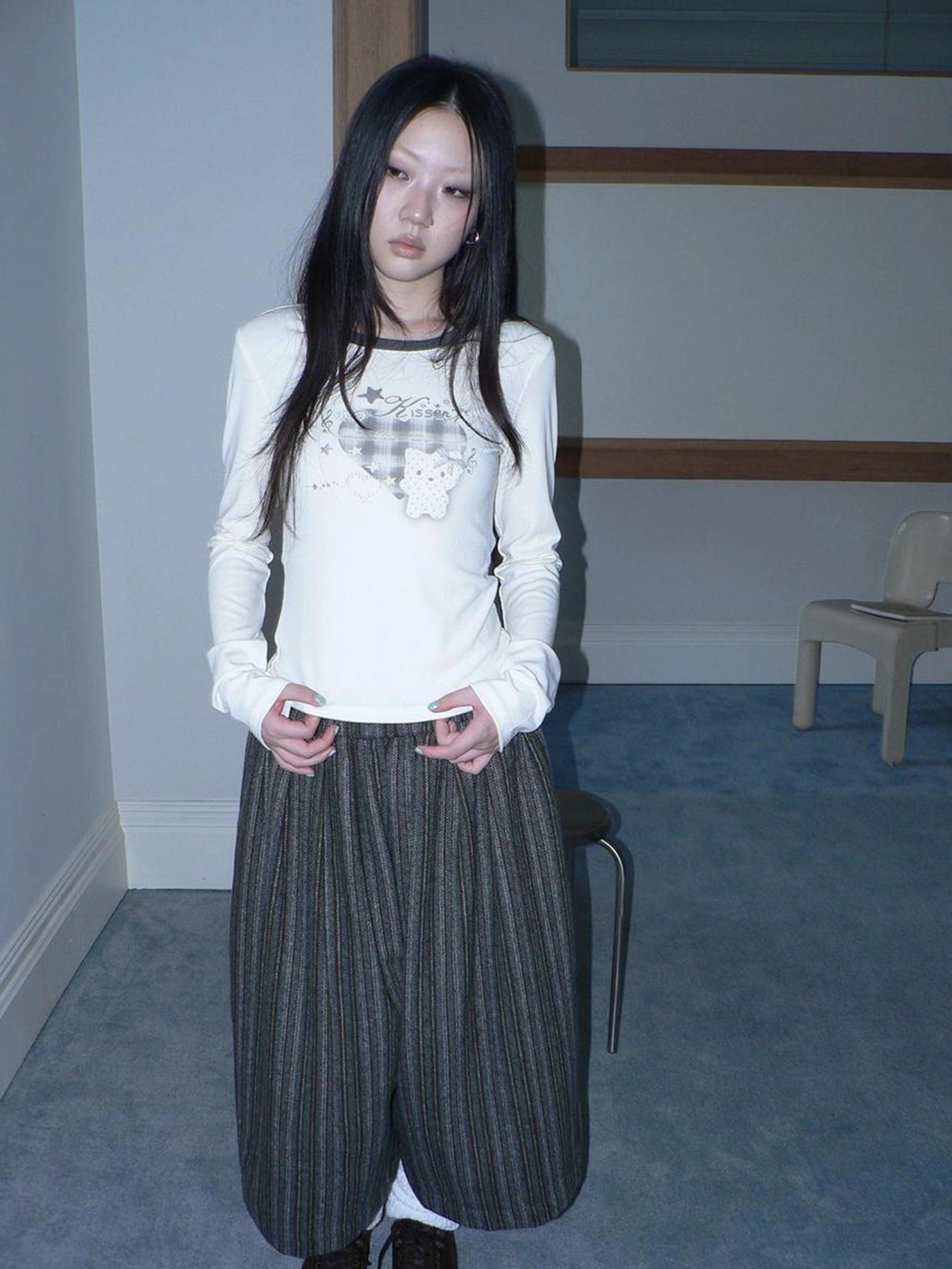 ang project Vintage Plaid Heart Print Long Sleeve Tee T-shirt