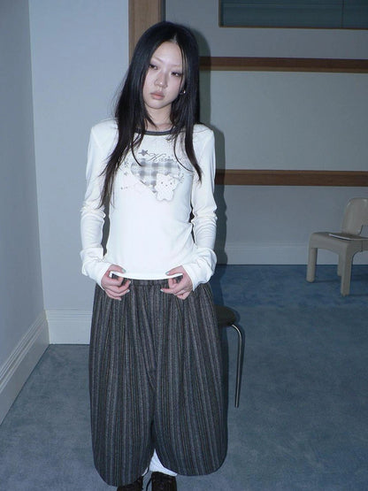 ang project Vintage Plaid Heart Print Long Sleeve Tee T-shirt