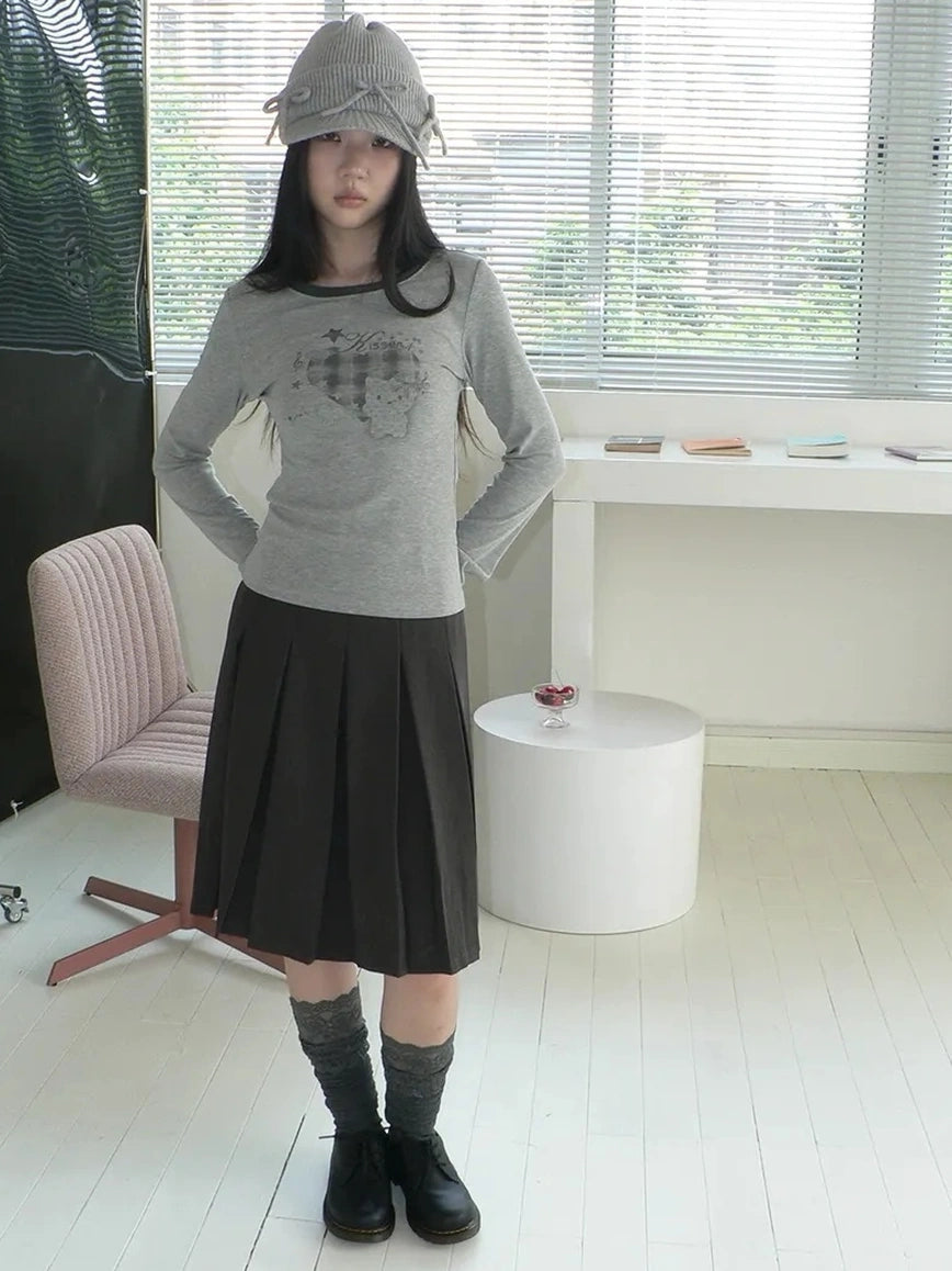 ang project Vintage Plaid Heart Print Long Sleeve Tee T-shirt