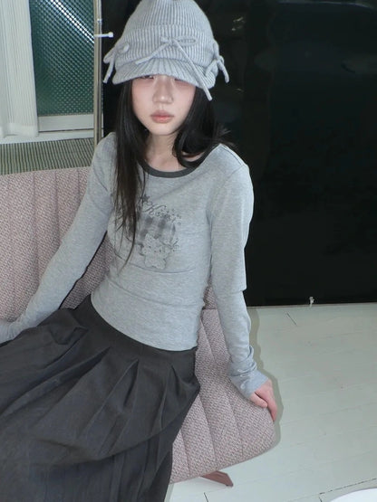 ang project Vintage Plaid Heart Print Long Sleeve Tee T-shirt