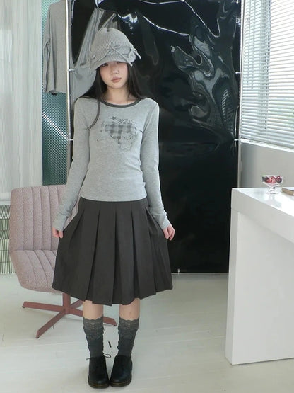 ang project Vintage Plaid Heart Print Long Sleeve Tee T-shirt