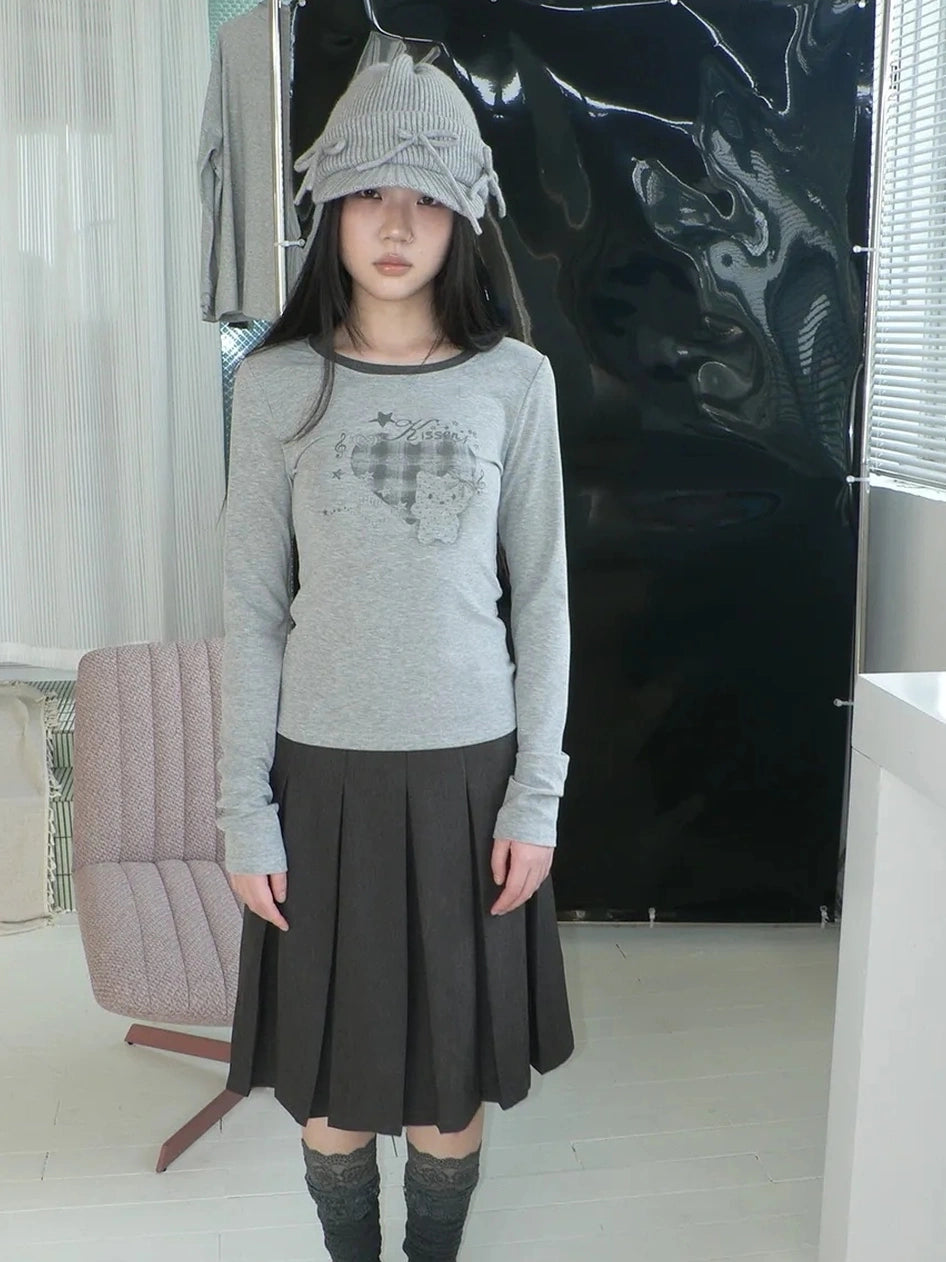 ang project Vintage Plaid Heart Print Long Sleeve Tee T-shirt