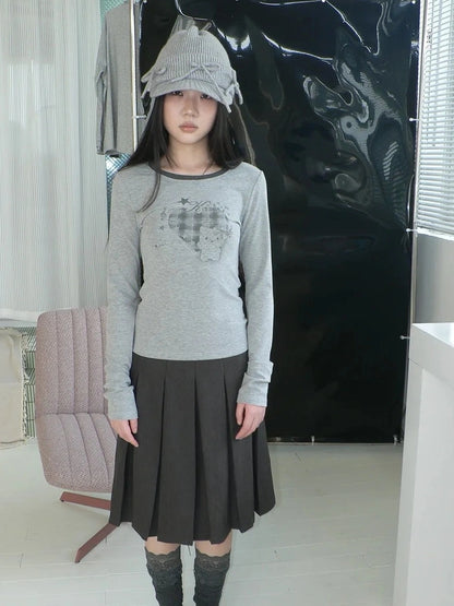 ang project Vintage Plaid Heart Print Long Sleeve Tee T-shirt