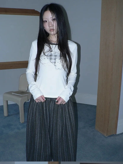 ang project Vintage Plaid Heart Print Long Sleeve Tee T-shirt