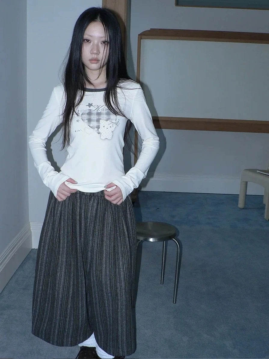 ang project Vintage Plaid Heart Print Long Sleeve Tee T-shirt