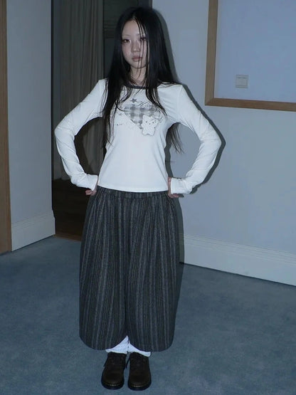 ang project Vintage Plaid Heart Print Long Sleeve Tee T-shirt