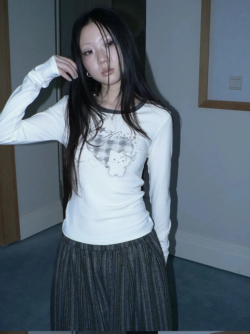 ang project Vintage Plaid Heart Print Long Sleeve Tee T-shirt