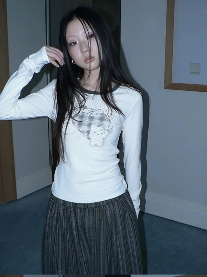 ang project Vintage Plaid Heart Print Long Sleeve Tee T-shirt