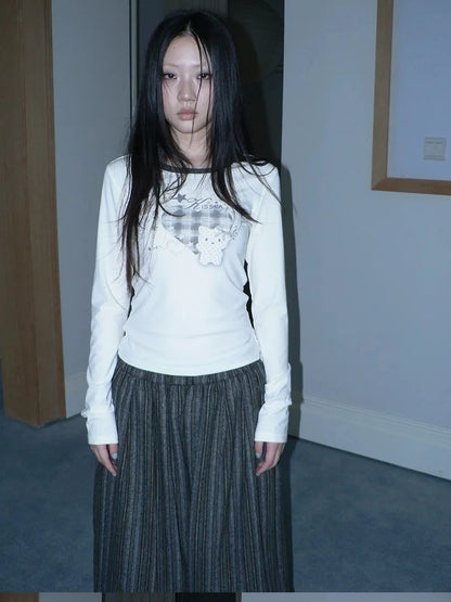 ang project Vintage Plaid Heart Print Long Sleeve Tee T-shirt