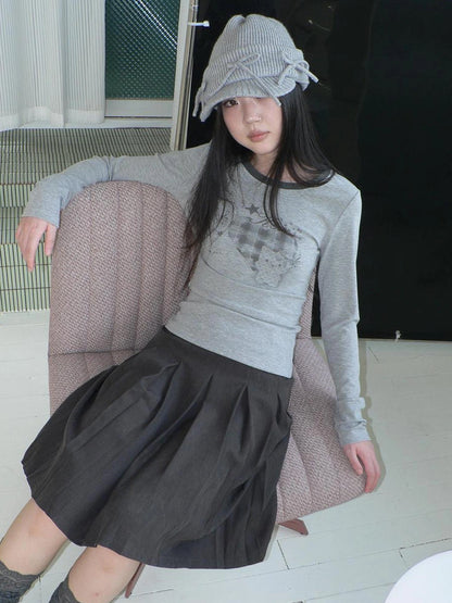 ang project Vintage Plaid Heart Print Long Sleeve Tee T-shirt