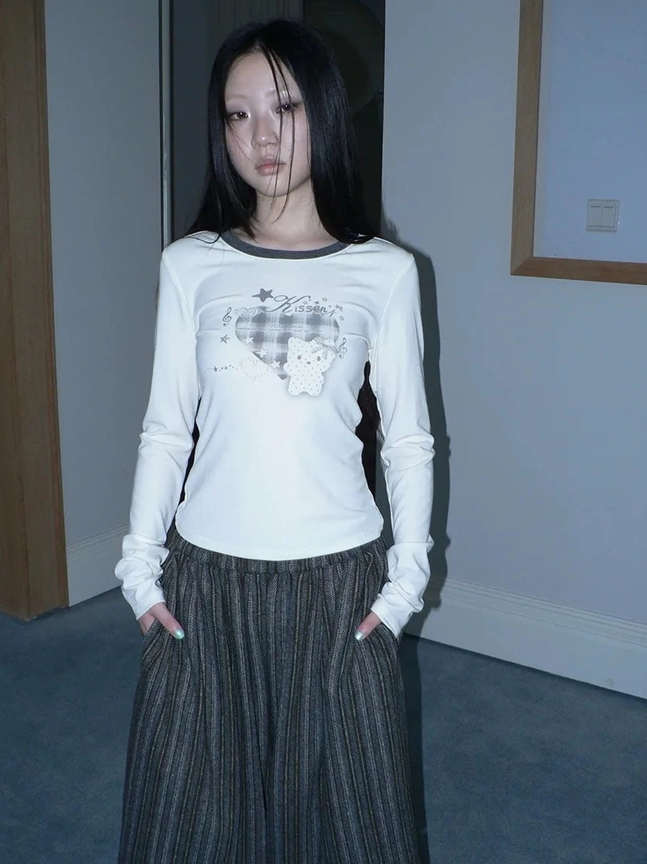 ang project Vintage Plaid Heart Print Long Sleeve Tee T-shirt