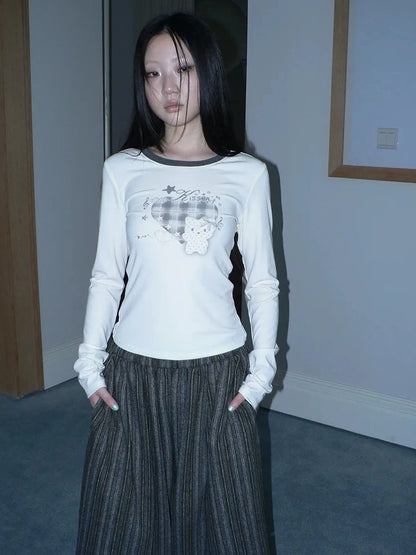 ang project Vintage Plaid Heart Print Long Sleeve Tee T-shirt