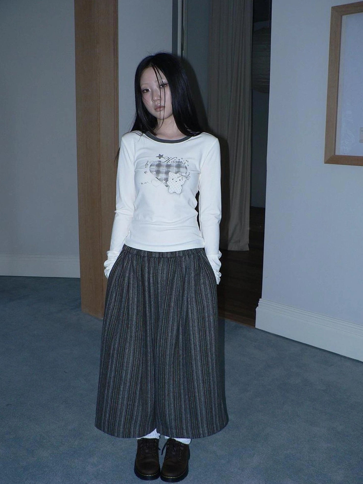 ang project Vintage Plaid Heart Print Long Sleeve Tee T-shirt