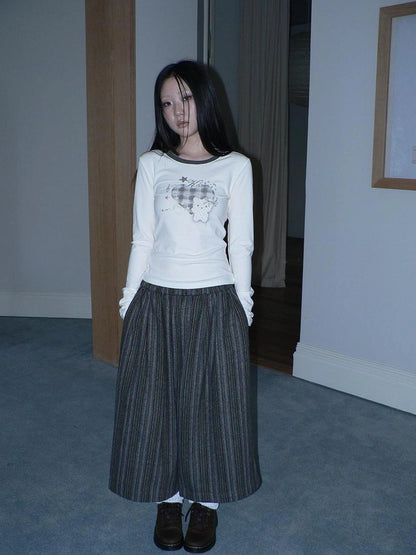 ang project Vintage Plaid Heart Print Long Sleeve Tee T-shirt