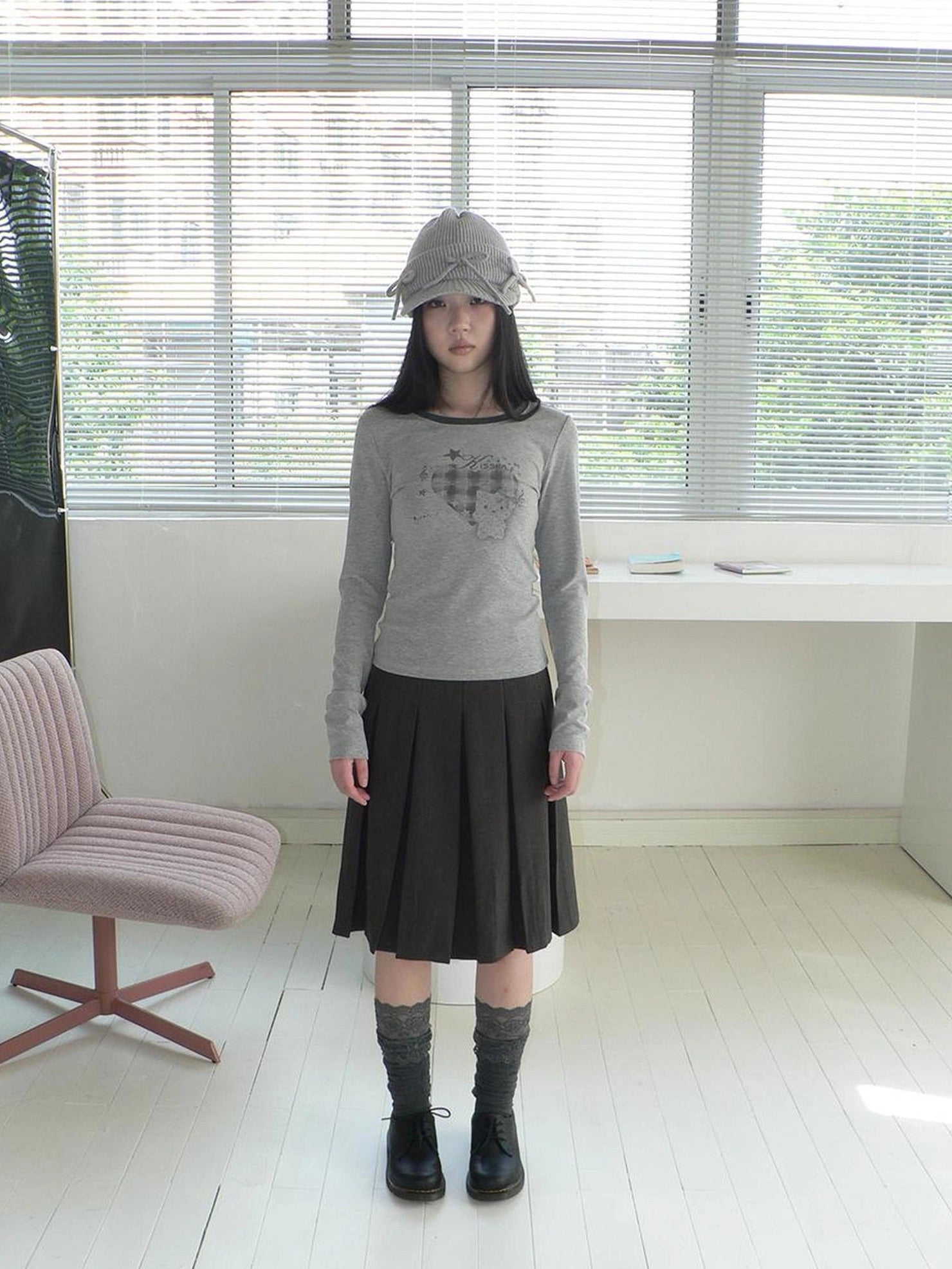 ang project Vintage Plaid Heart Print Long Sleeve Tee T-shirt