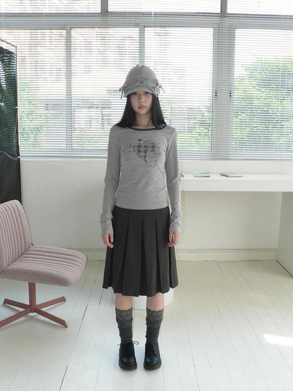 ang project Vintage Plaid Heart Print Long Sleeve Tee T-shirt