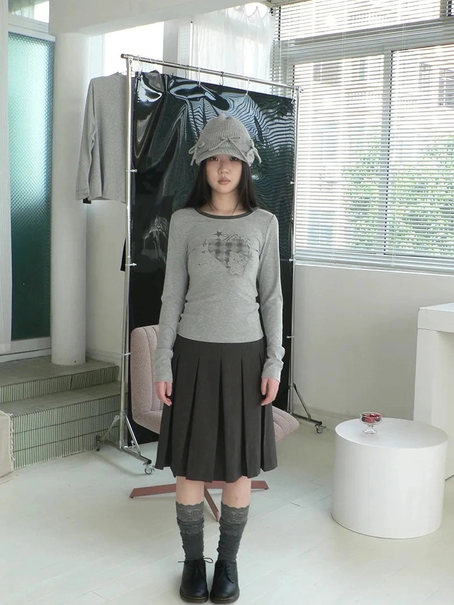 ang project Vintage Plaid Heart Print Long Sleeve Tee T-shirt