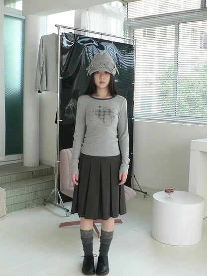 ang project Vintage Plaid Heart Print Long Sleeve Tee T-shirt