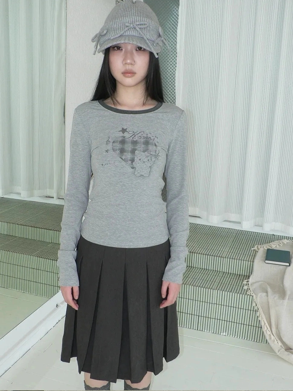 ang project Vintage Plaid Heart Print Long Sleeve Tee T-shirt