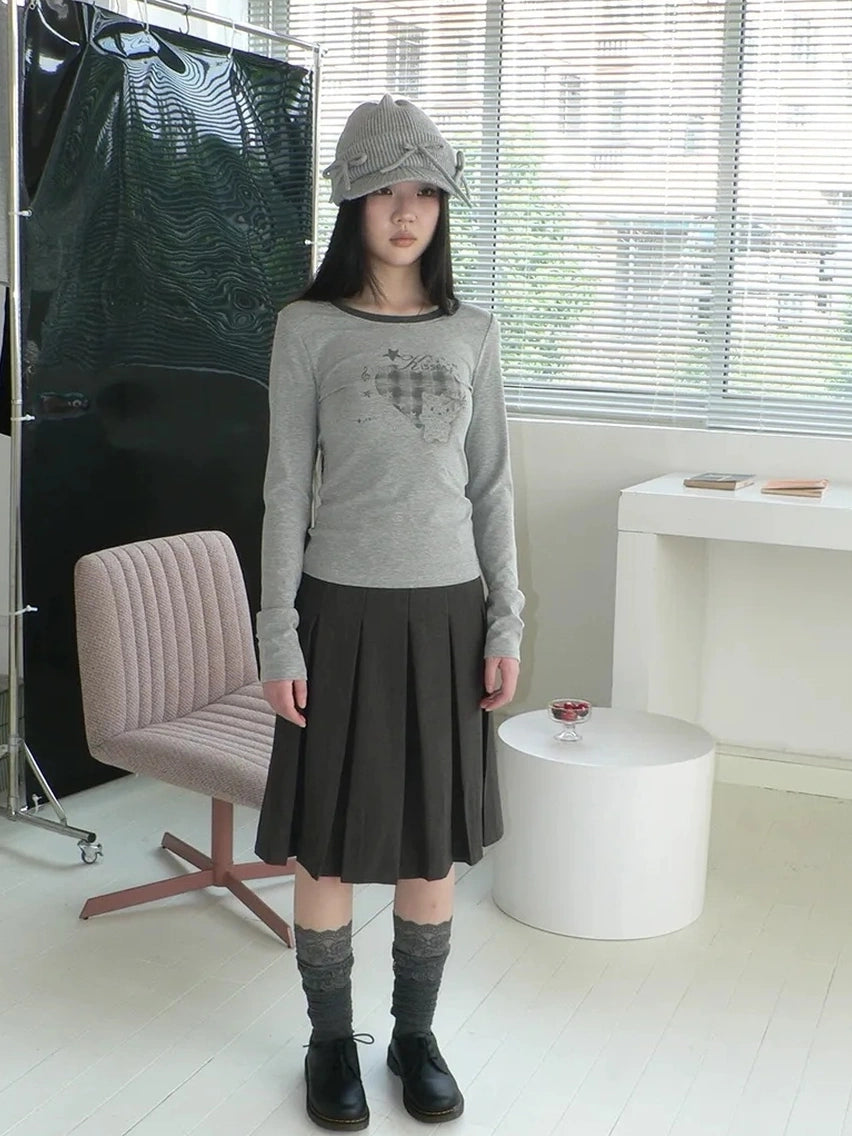 ang project Vintage Plaid Heart Print Long Sleeve Tee T-shirt