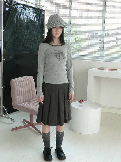 ang project Vintage Plaid Heart Print Long Sleeve Tee T-shirt