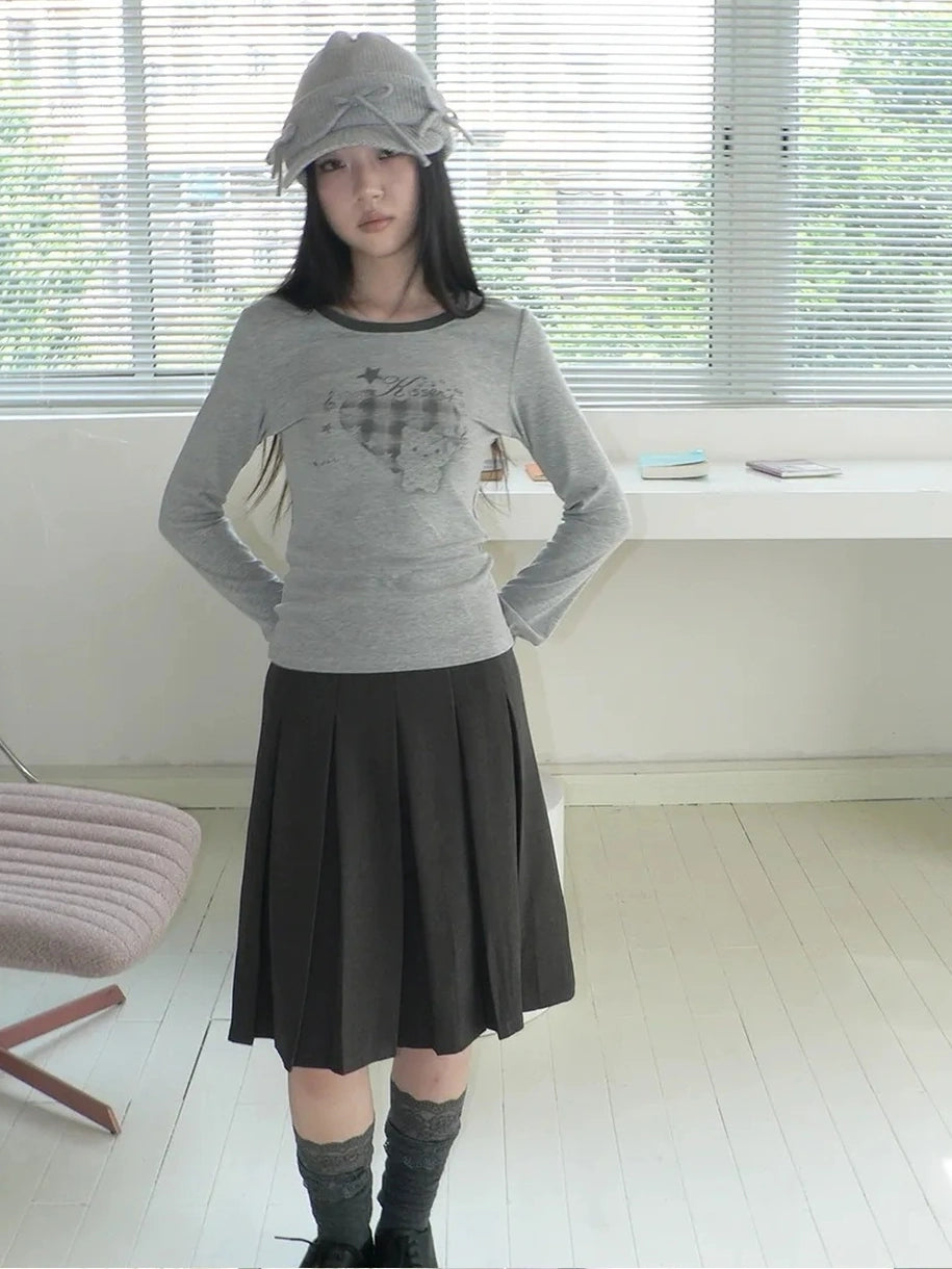 ang project Vintage Plaid Heart Print Long Sleeve Tee T-shirt