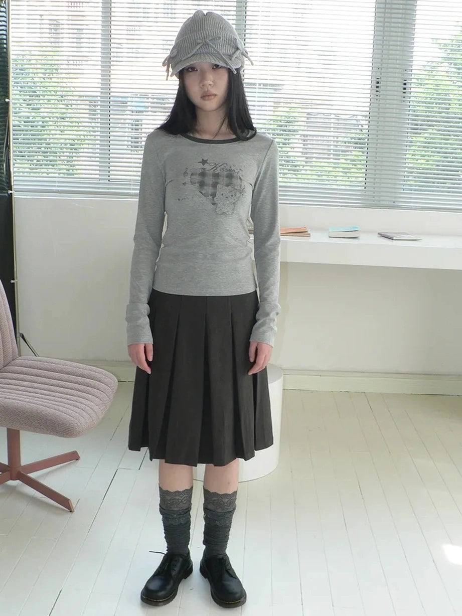 ang project Vintage Plaid Heart Print Long Sleeve Tee T-shirt