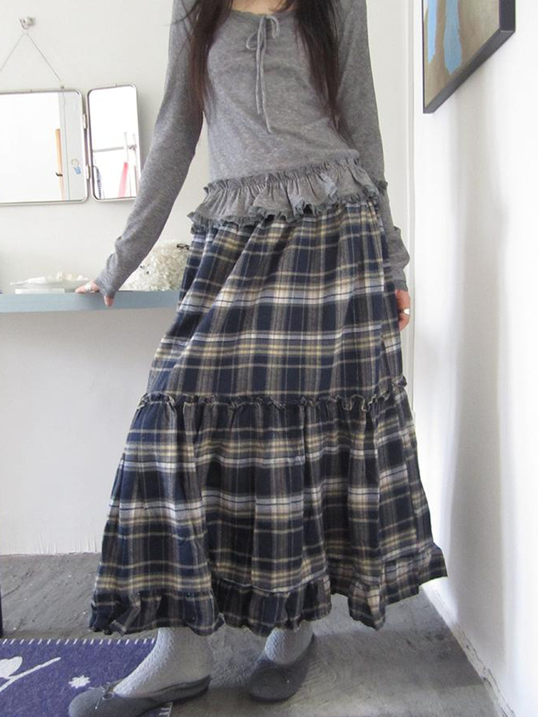ang project Vintage Plaid Lace Up Waist A Line Skirt