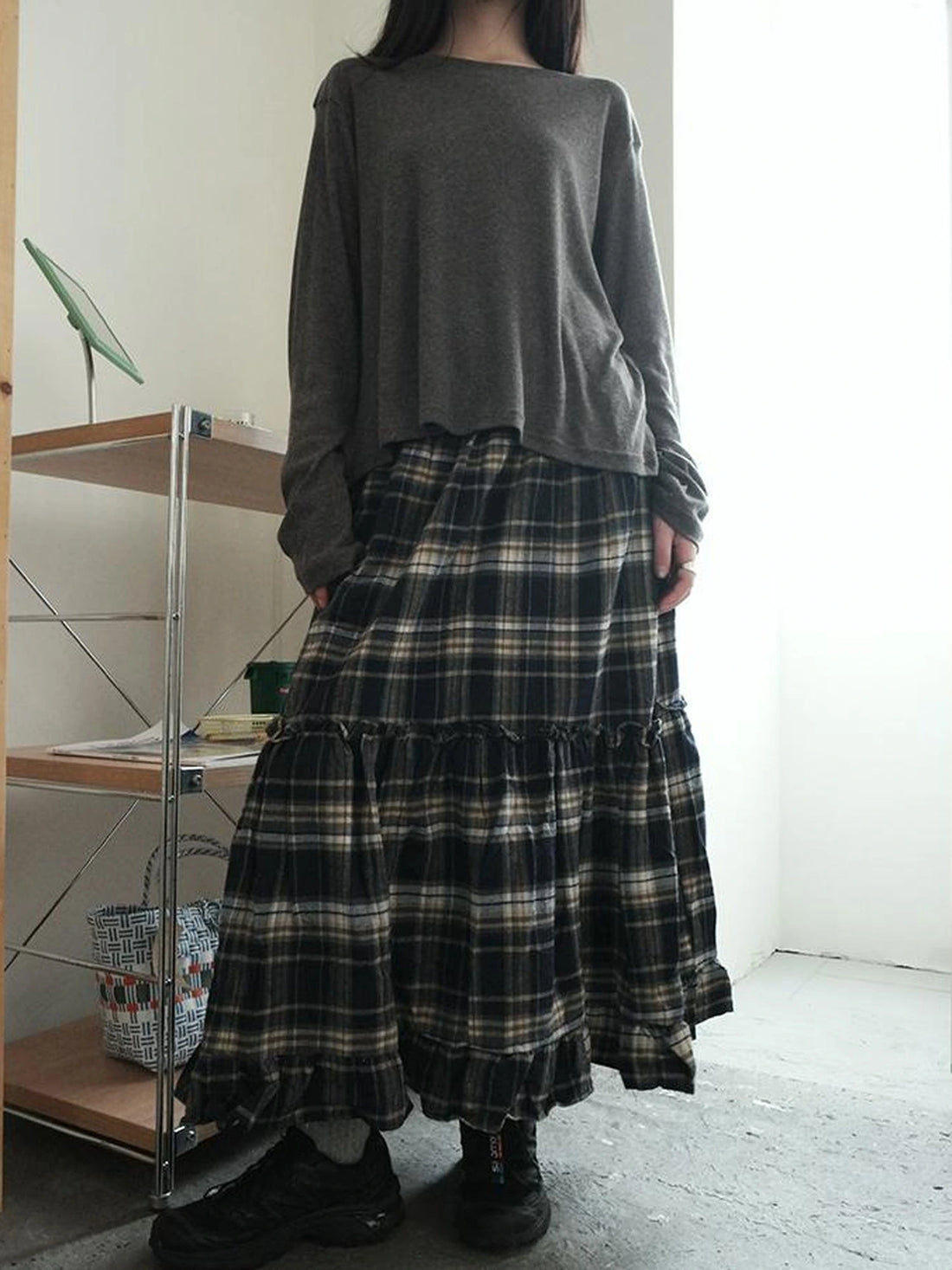 Vintage Plaid Lace Up Waist A Line Skirt