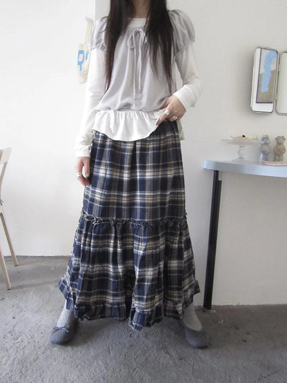 Vintage Plaid Lace Up Waist A Line Skirt