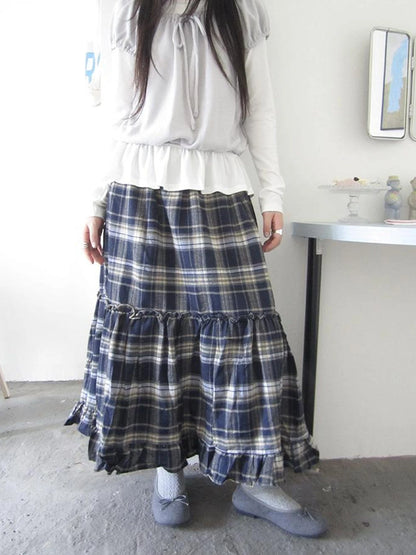 Vintage Plaid Lace Up Waist A Line Skirt