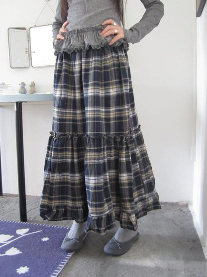 Vintage Plaid Lace Up Waist A Line Skirt