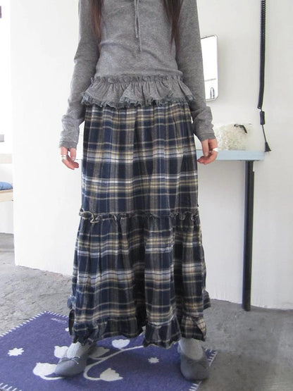 Vintage Plaid Lace Up Waist A Line Skirt