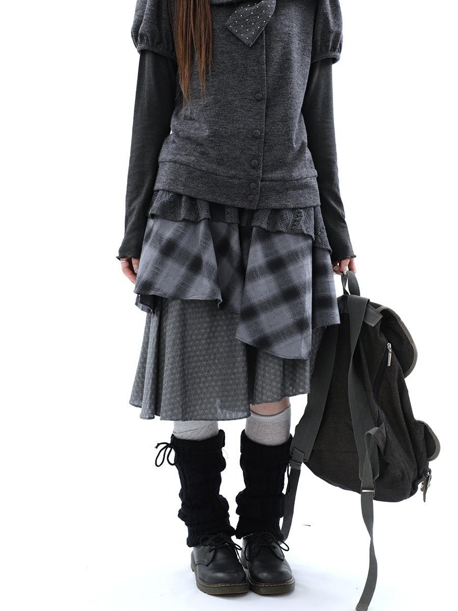 ang project Vintage Plaid Layered Patchwork Asymmetrical Women&
