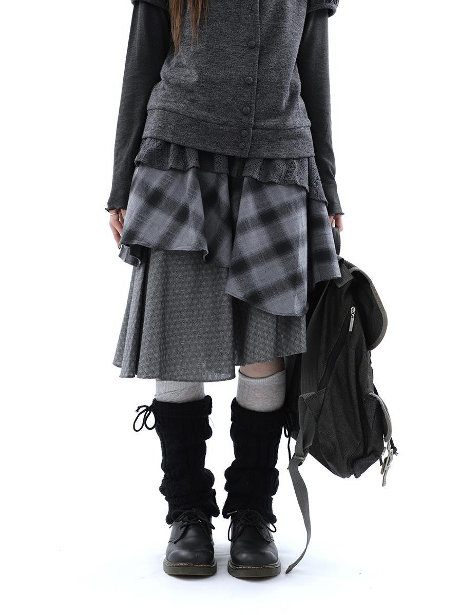 ang project Vintage Plaid Layered Patchwork Asymmetrical Women&