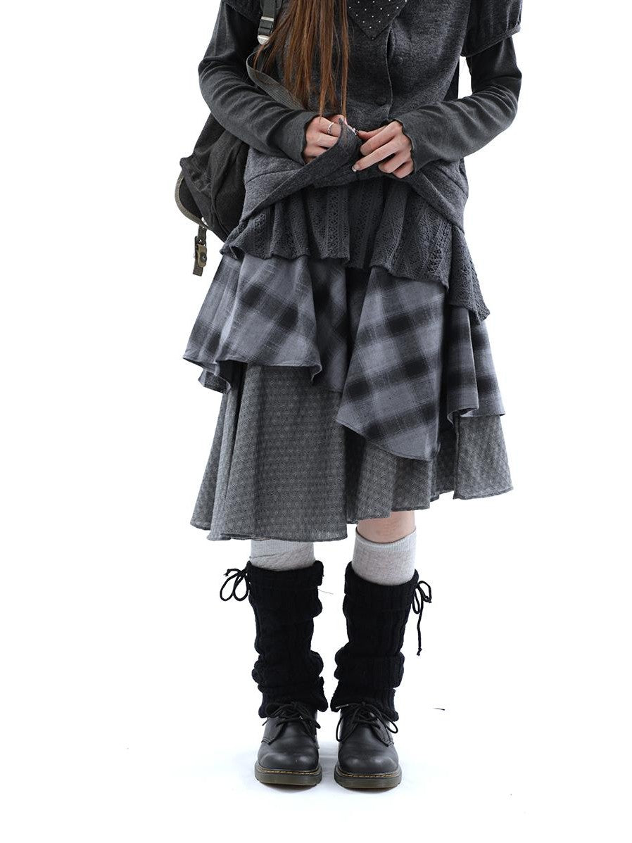 ang project Vintage Plaid Layered Patchwork Asymmetrical Women&