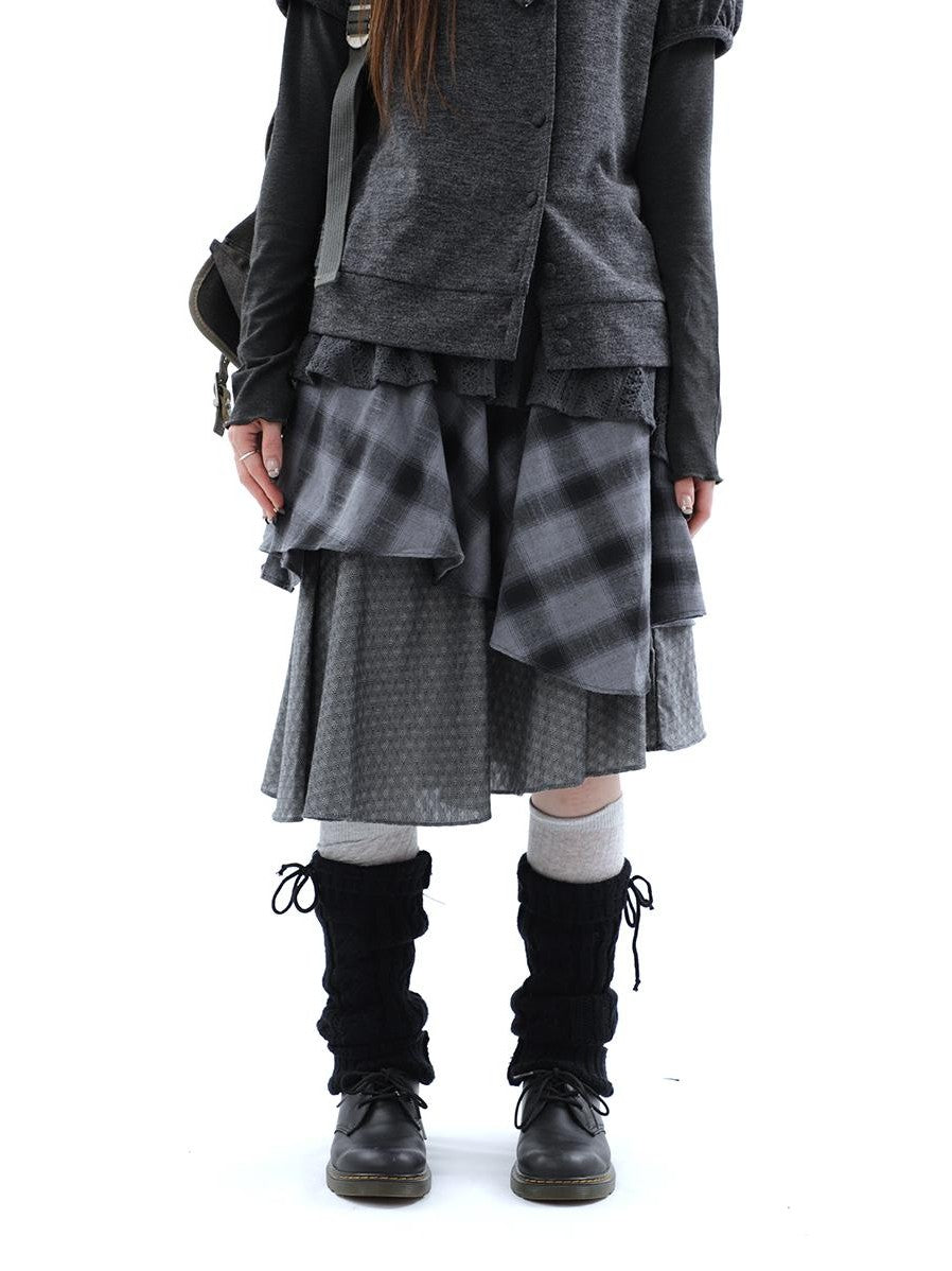 ang project Vintage Plaid Layered Patchwork Asymmetrical Women&
