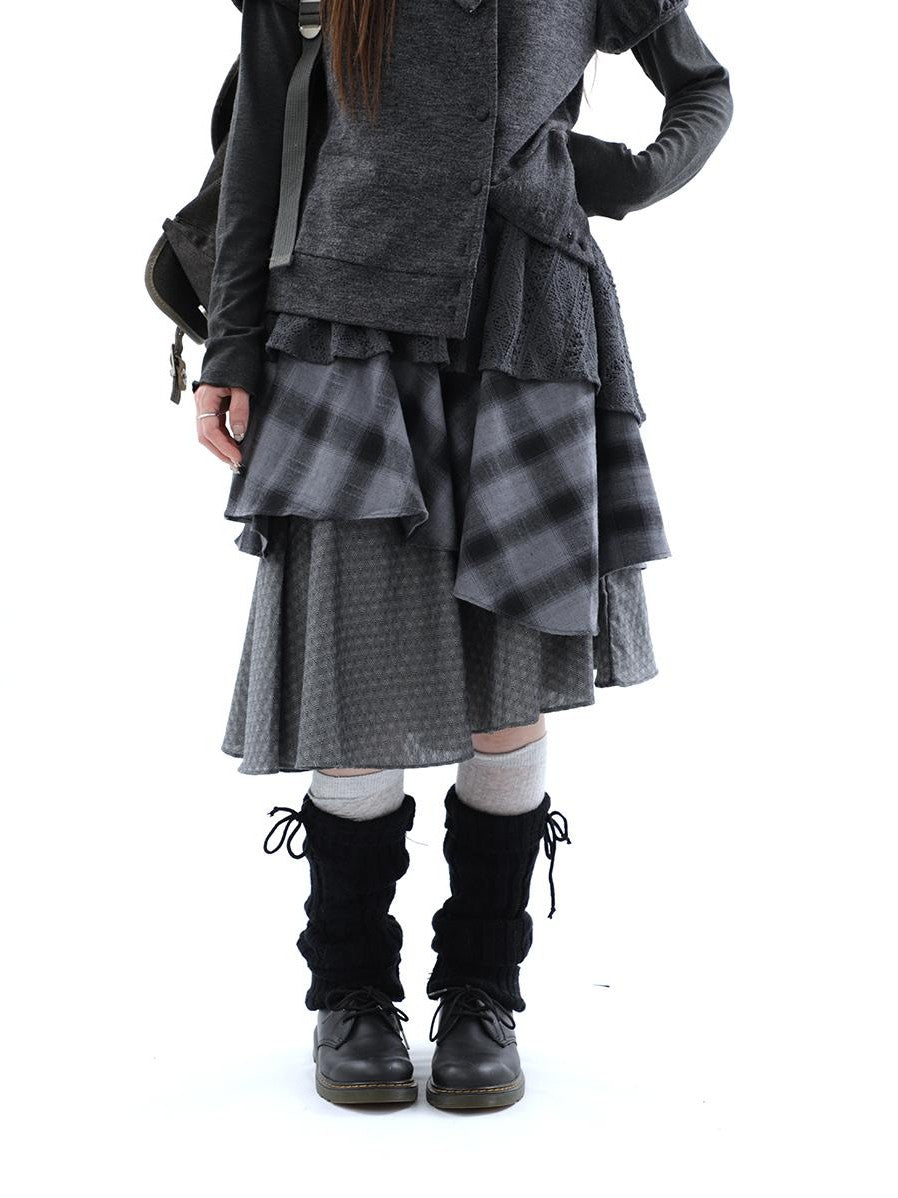 ang project Vintage Plaid Layered Patchwork Asymmetrical Women&