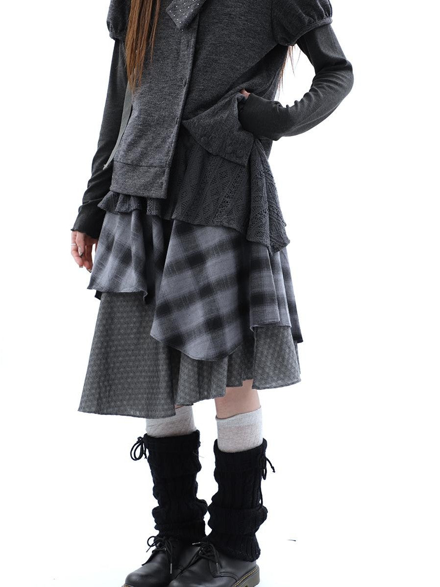 ang project Vintage Plaid Layered Patchwork Asymmetrical Women&