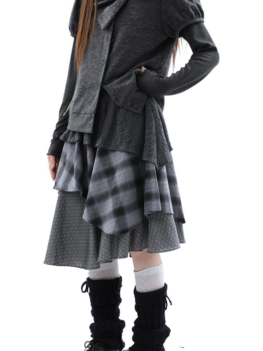 ang project Vintage Plaid Layered Patchwork Asymmetrical Women&