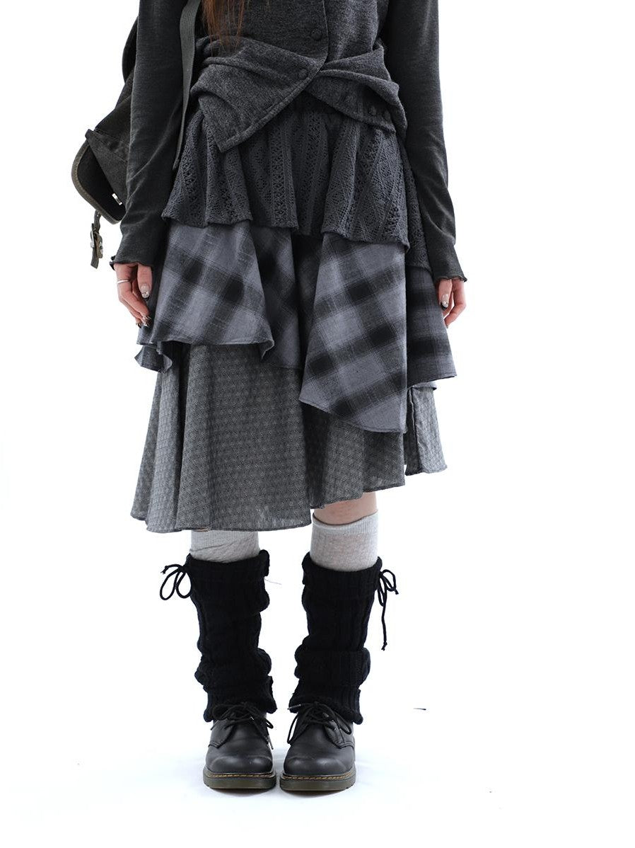 ang project Vintage Plaid Layered Patchwork Asymmetrical Women&