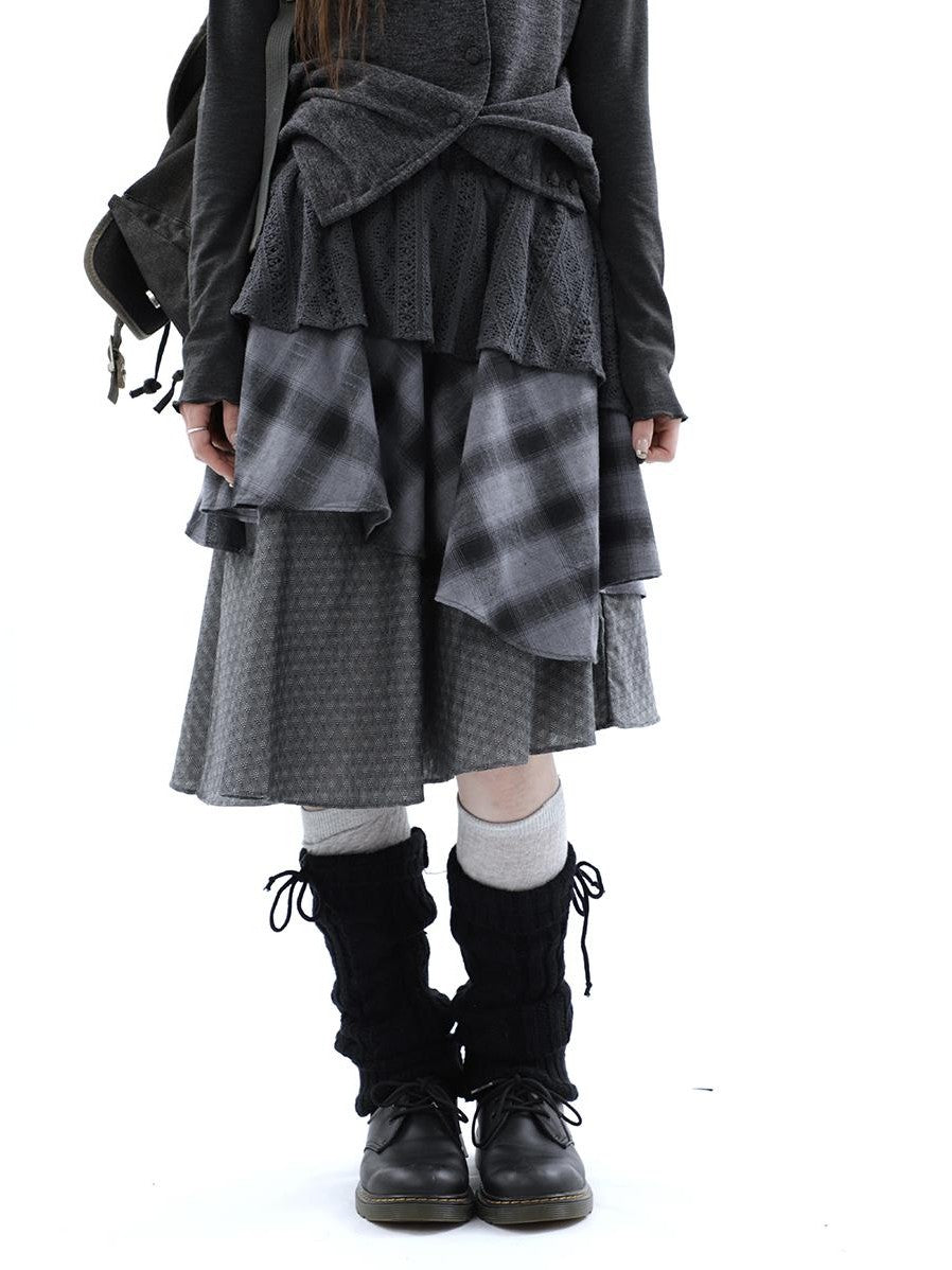 ang project Vintage Plaid Layered Patchwork Asymmetrical Women&
