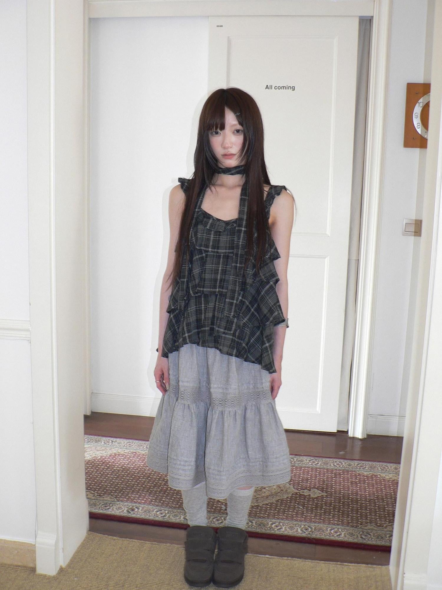 ang project Vintage Plaid Layered Ruffle Asymmetric Tie Women&