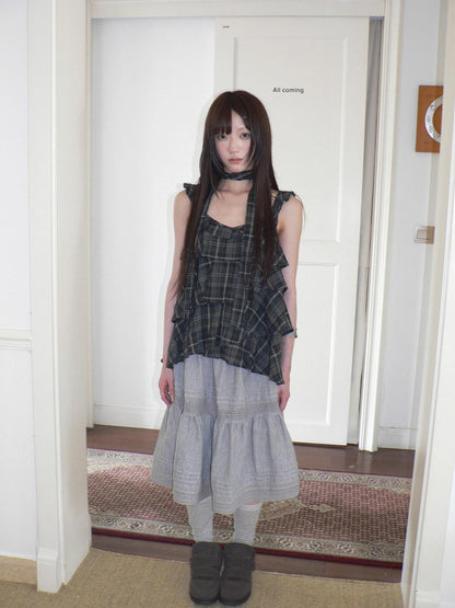 ang project Vintage Plaid Layered Ruffle Asymmetric Tie Women&