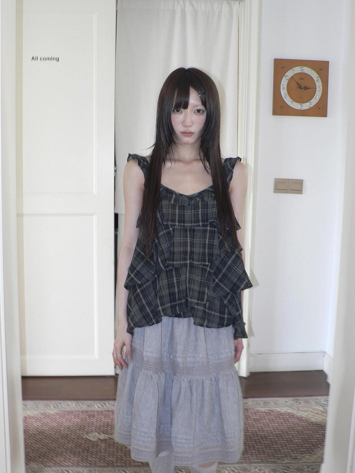 ang project Vintage Plaid Layered Ruffle Asymmetric Tie Women&